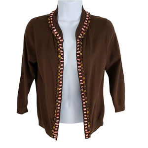 ECCOCI Open Cardigan Beaded Trim Brown Small